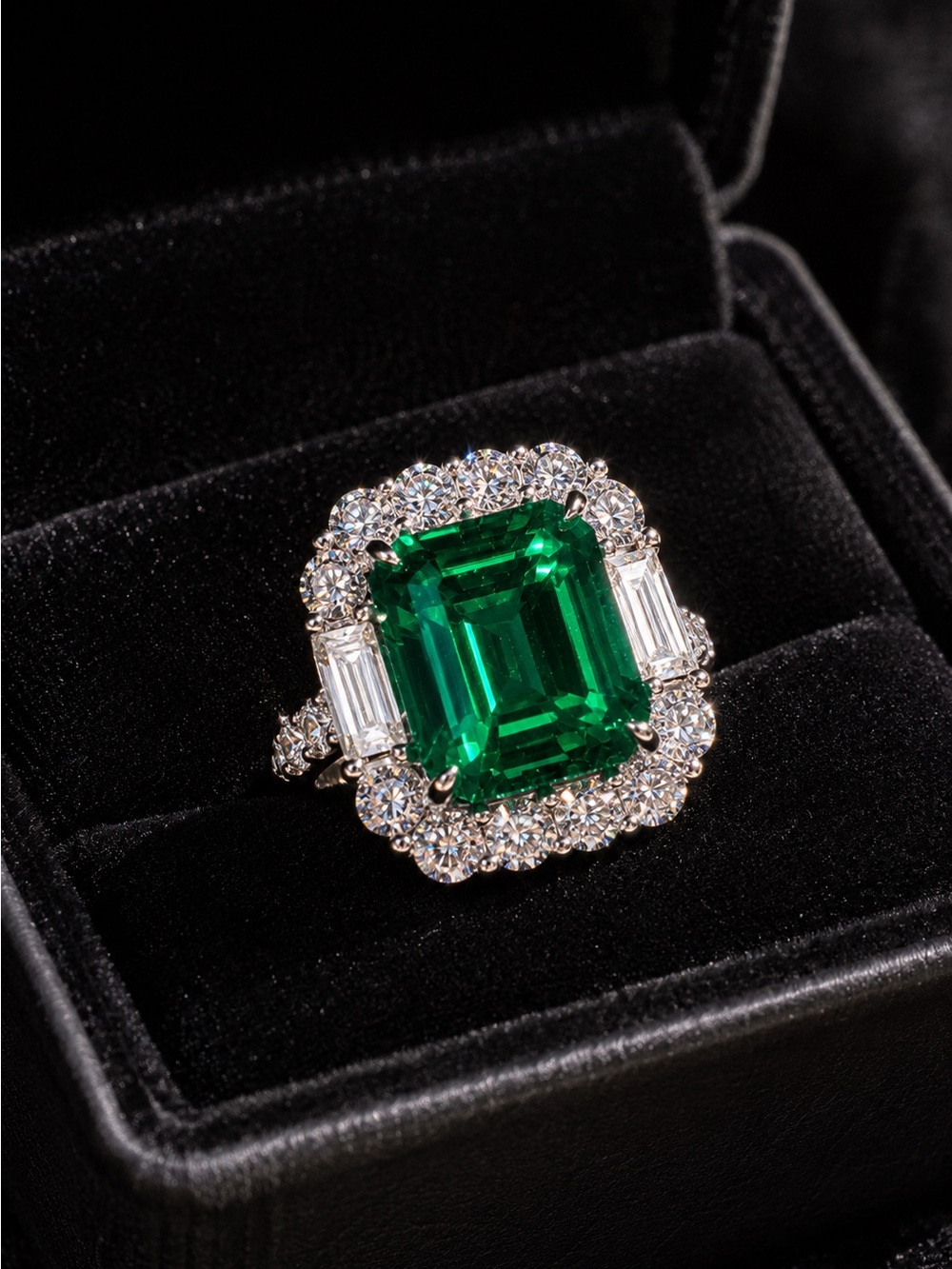 Emerald Green accent and white rhinestone/ Silver tone Halo Ring